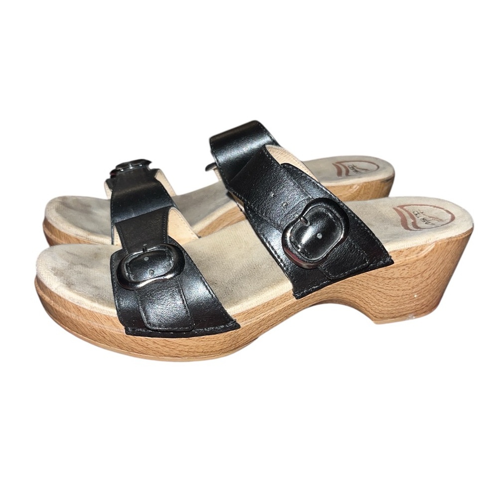 Dansko Sophie Full Grain Wedge Sandals Block Heels Black Women Size 9.5 10